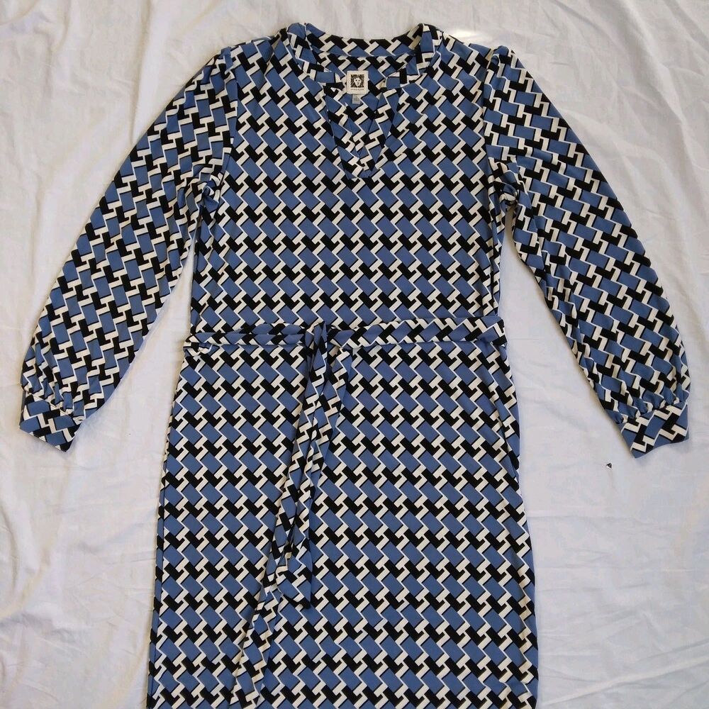 Anne Klein Long Sleeve Sheath Dress Belted Blue Black Geometric Retro Size S - Picture 2 of 16